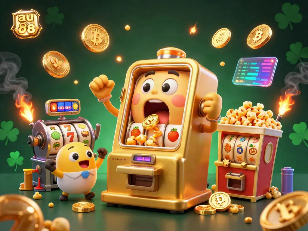 Experience the thrill of au 88 with a golden slot machine hitting a jackpot amidst cheering companions and vibrant casino elements.