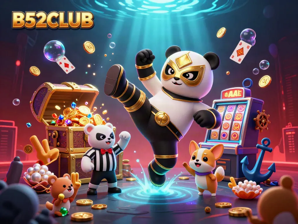 Experience thrilling action with B52CLUB as the panda wrestler delivers a flying kick amidst vibrant casino elements.