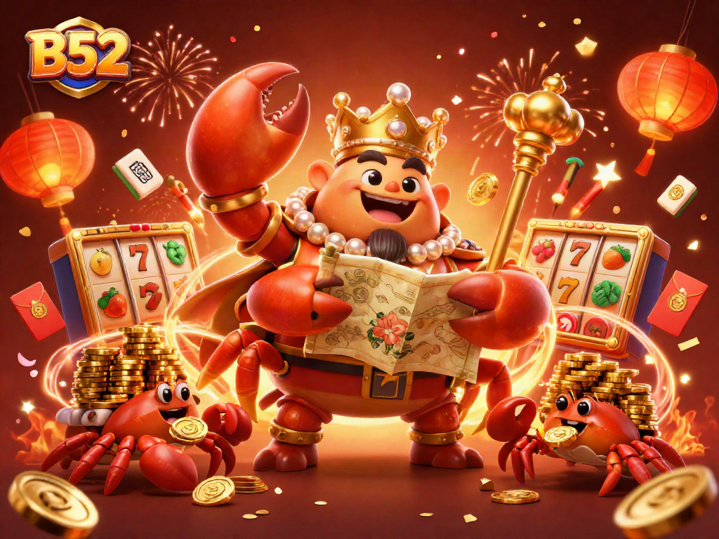 B52 slots gaming scene featuring a golden crab emperor with treasure, vibrant casino elements.