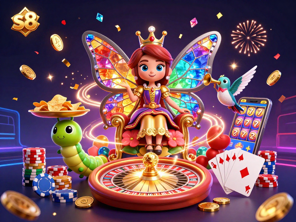 Experience exhilarating gaming with s8, showcasing a vibrant casino scene with butterflies, coins, and playing cards.