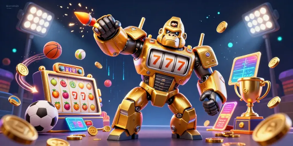 Experience thrilling gaming action with sunwin20's 3D gorilla mech casino illustration featuring slots elements and dynamic sports balls.
