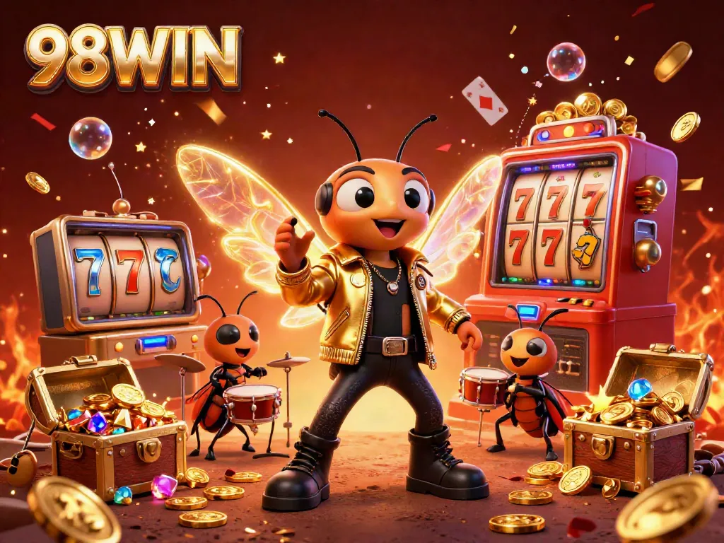 Engage in the exhilarating world of 98WIN with vibrant casino-themed illustration showcasing slot games, gold coins, and lively characters.