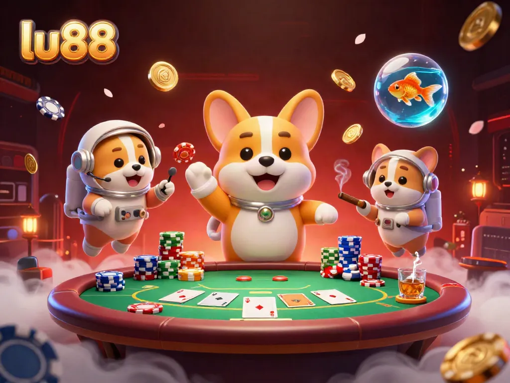 Engage with LU88's thrilling cosmic casino experience featuring an astronaut corgi and vibrant poker elements.