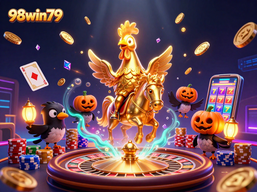 Experience thrilling action at 98win79 with a golden rooster and pumpkin-headed crows in a vibrant casino.