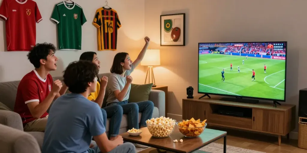 Friends enjoying a thrilling football match on Thapcamtv in high-definition.