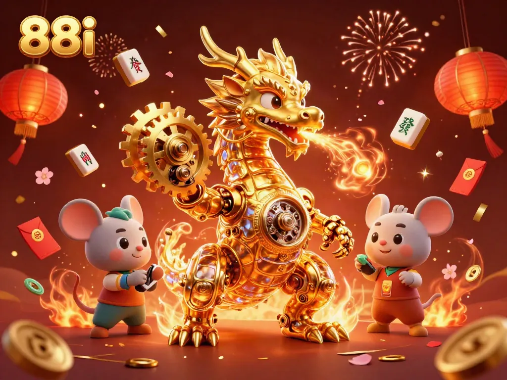 Engage with 88i's vibrant gaming scene featuring a golden dragon and floating symbols.