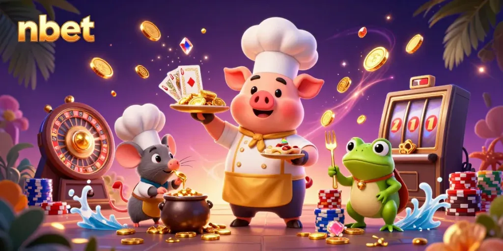 Chef pig serves gold coins in a vibrant casino scene for nbet, showcasing elegant gaming experiences.