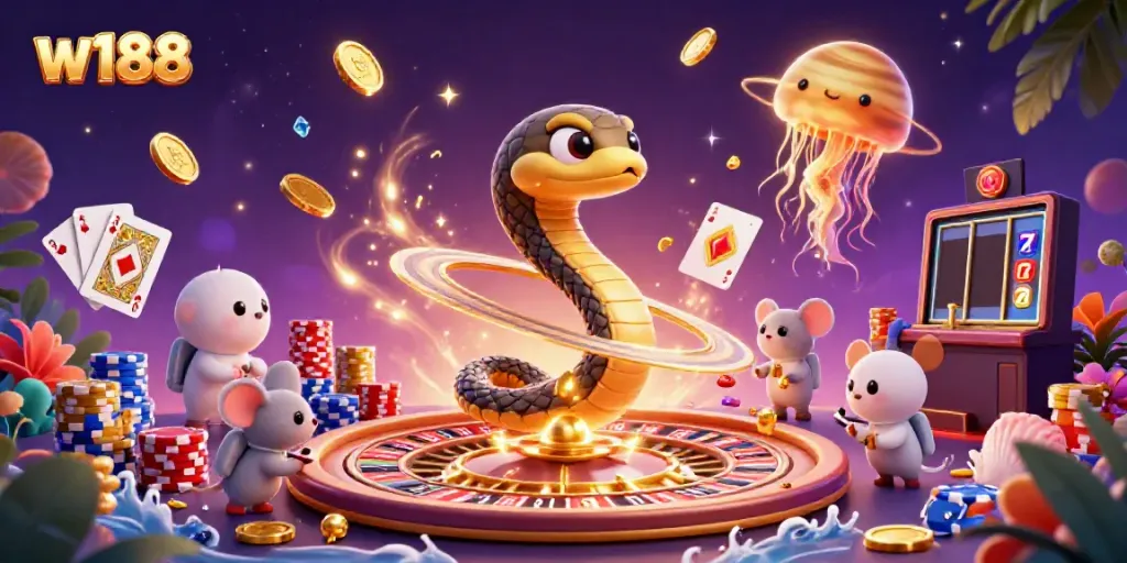 Engage in thrilling betting action with w188 at this vibrant cosmic casino featuring imaginative characters and dynamic gaming elements.