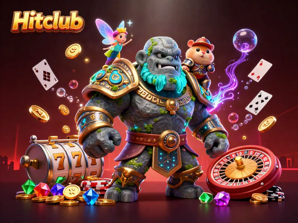 Hitclub illustration showcasing vibrant 3D characters amidst casino elements like slot reels and chips.