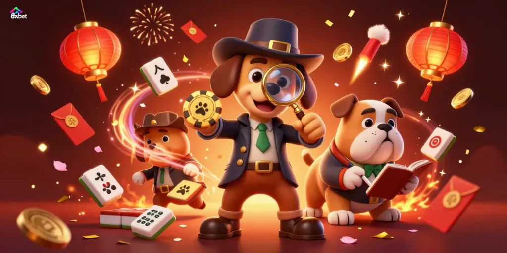 Engage with 8xbet, as a detective bloodhound examines a poker chip amidst celebratory casino elements.