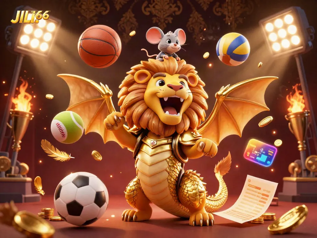 JILI66 gaming features a triumphant chimera in golden armor surrounded by sports elements, showcasing online casino excitement.