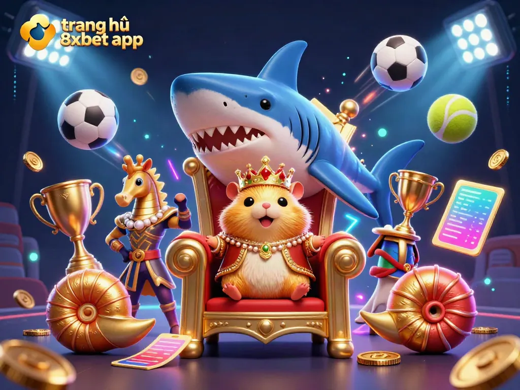 Experience the excitement of sports betting with the trang chủ 8xbet app, featuring a dynamic scene of regal characters and game elements.