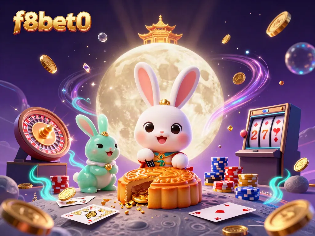 Experience thrill and action with f8bet0 as the moon rabbit reveals hidden poker chips amidst a vibrant casino scene.