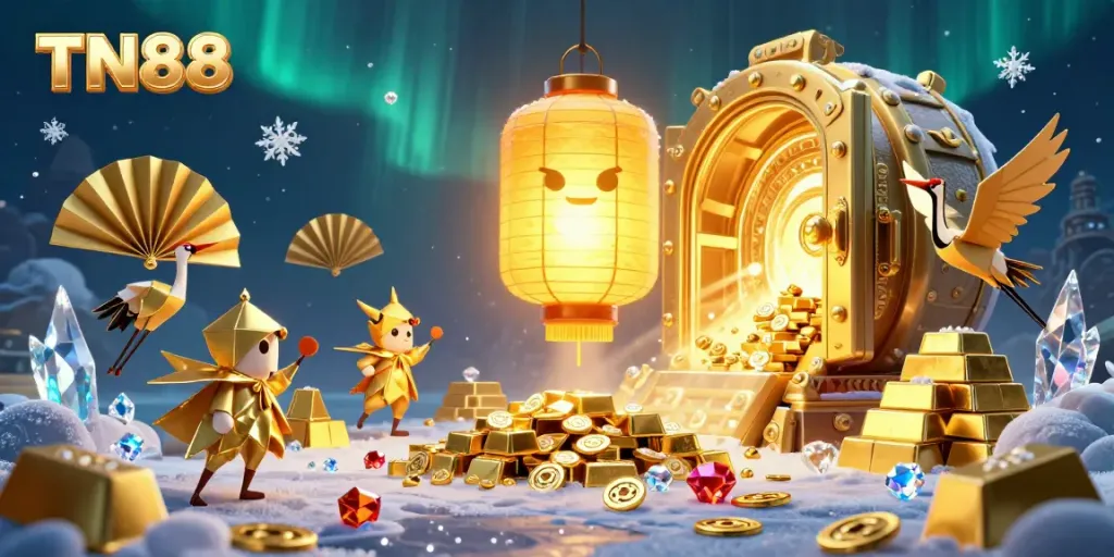 Experience the excitement of TN88, featuring a golden lantern spirit and vibrant casino elements.