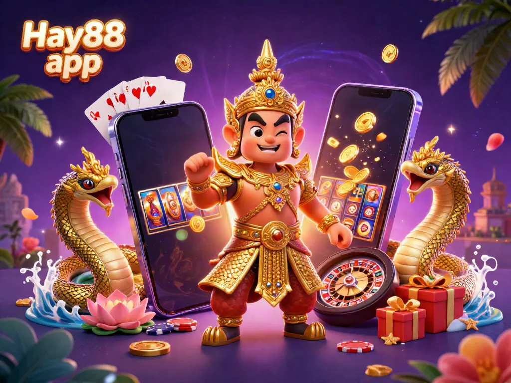 Spin and win with the Hay88 app in a colorful casino environment featuring gaming elements and vibrant characters.