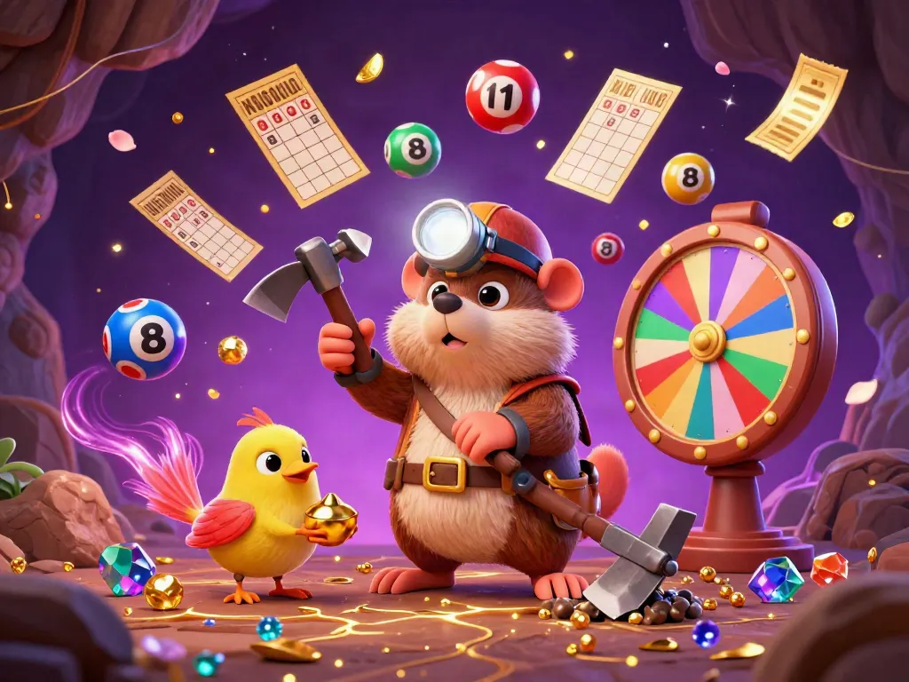 Engage in thrilling 99win gameplay with colorful lottery balls and a vibrant prize wheel in a rich treasure scene.