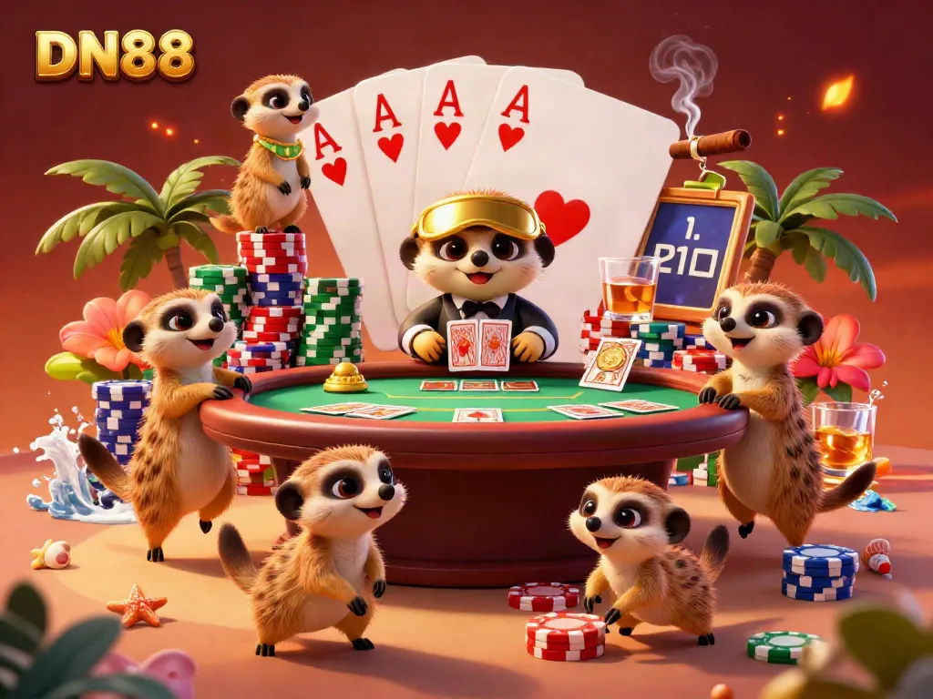Engage with DN88's lively casino atmosphere featuring meerkats in action, amidst dynamic poker gameplay.