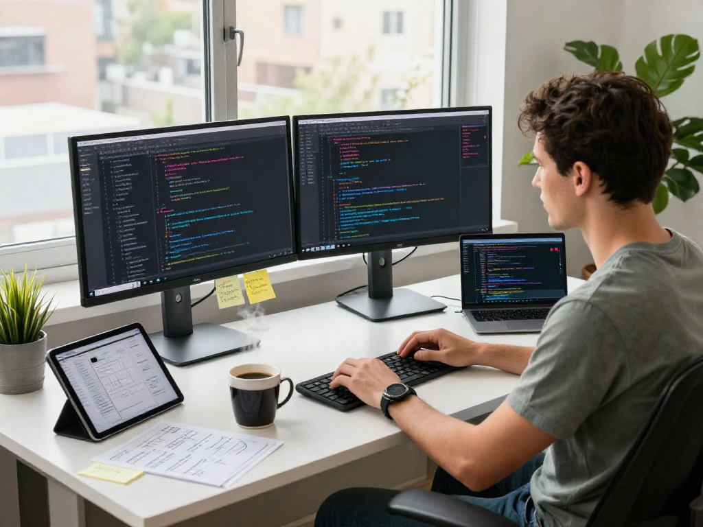 Developer coding with juicy chat ai interface in a modern workspace, showcasing creativity and innovation in tech.