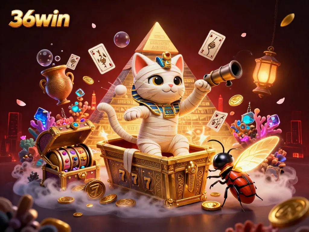 Experience the thrilling dynamic scene of 36win with a 3D Egyptian mummy cat and a scarab in a vibrant casino.