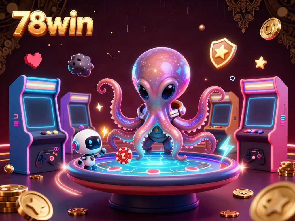 Experience the thrill of 78win with a vibrant cosmic casino scene featuring an octopus and robot.
