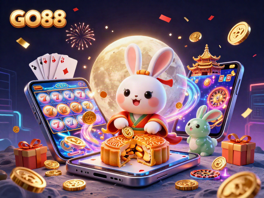 Engage with GO88's vibrant gaming scene featuring a lunar rabbit, poker chips, and celebratory elements.