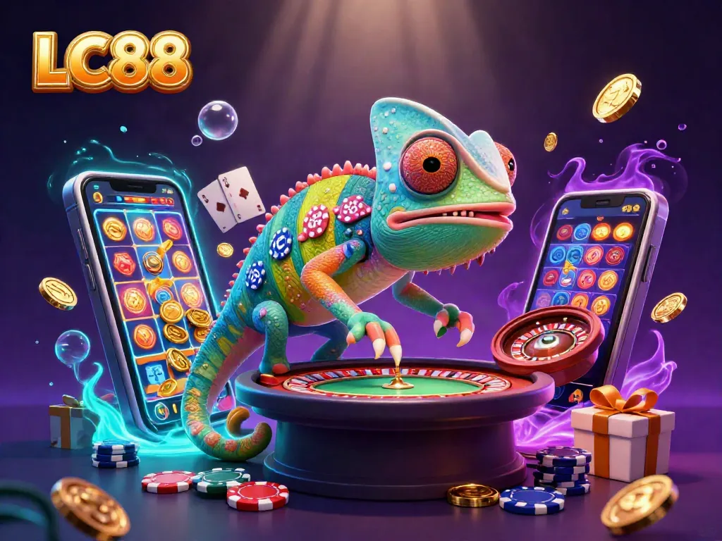 LC88 captures the vibrant energy of casino gaming with a chameleon owner and dynamic slot visuals.