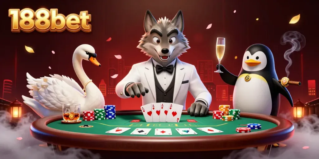 Experience thrilling baccarat action with 188bet featuring a debonair wolf and elegant characters. Play now!