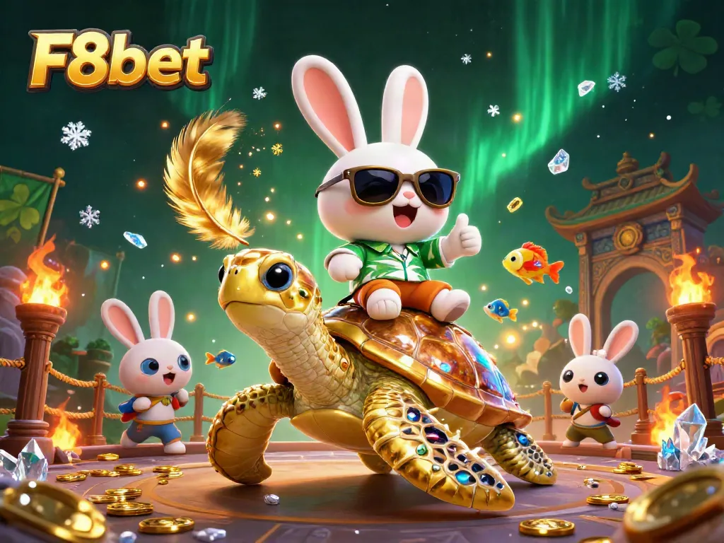 Engage with F8bet's vibrant online casino experience amidst playful characters and dynamic scenes.