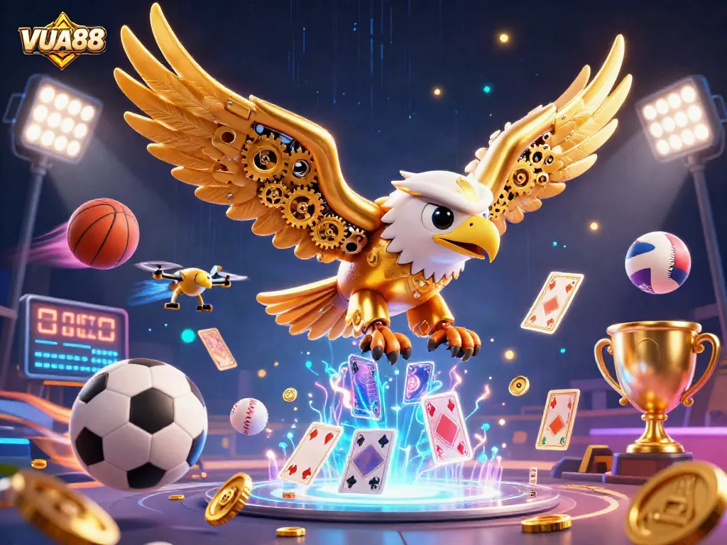 VUA88 showcases thrilling sports betting with a dynamic scene of a golden eagle diving among holographic cards.