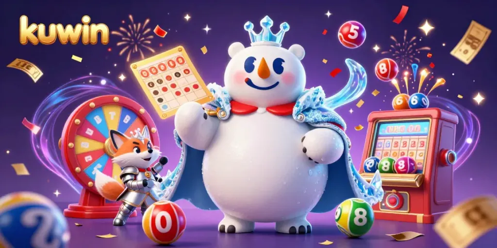 Kuwin's interactive gaming experience featuring a polar bear king and snow fox in a vibrant casino scene.