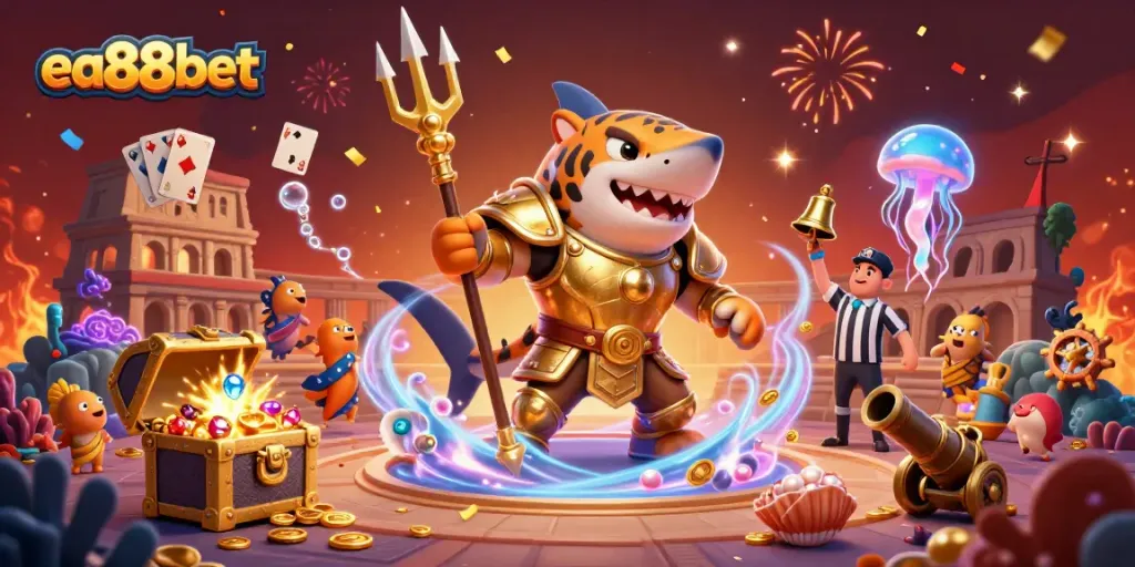 Join the adventure with ea88bet's thrilling underwater casino scene featuring vibrant characters and dynamic gaming elements.