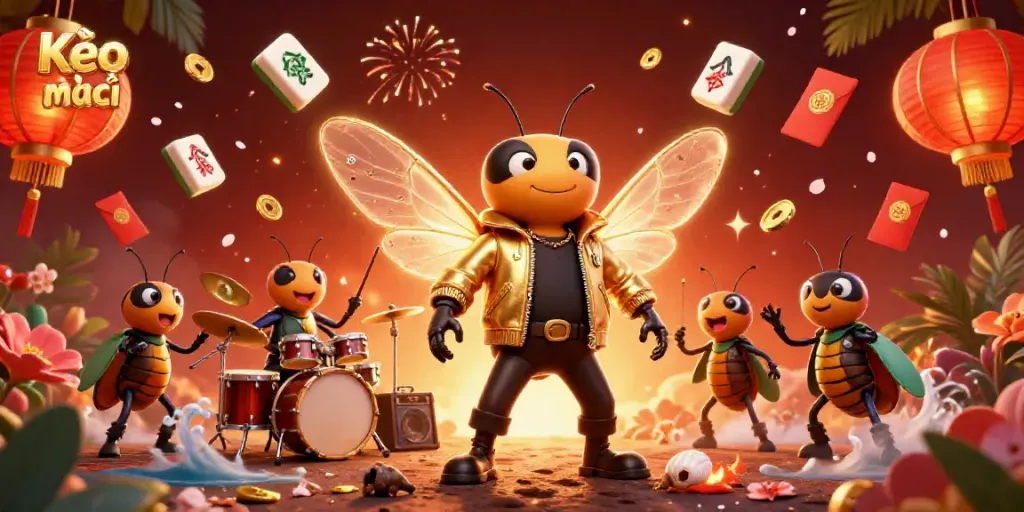 Experience Kèo nhà cái with a vibrant 3D scene featuring a rock star cicada, supporting characters, and festive game elements.
