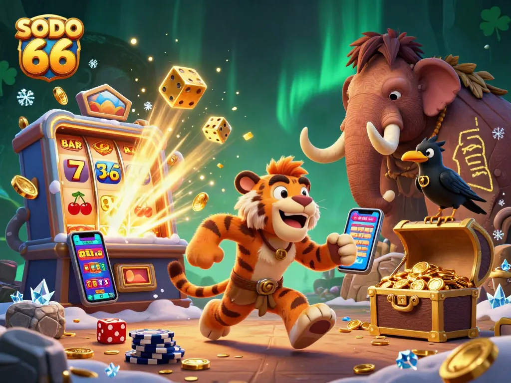 Experience thrilling gameplay at SODO 66 with a vibrant casino illustration featuring iconic characters and games.