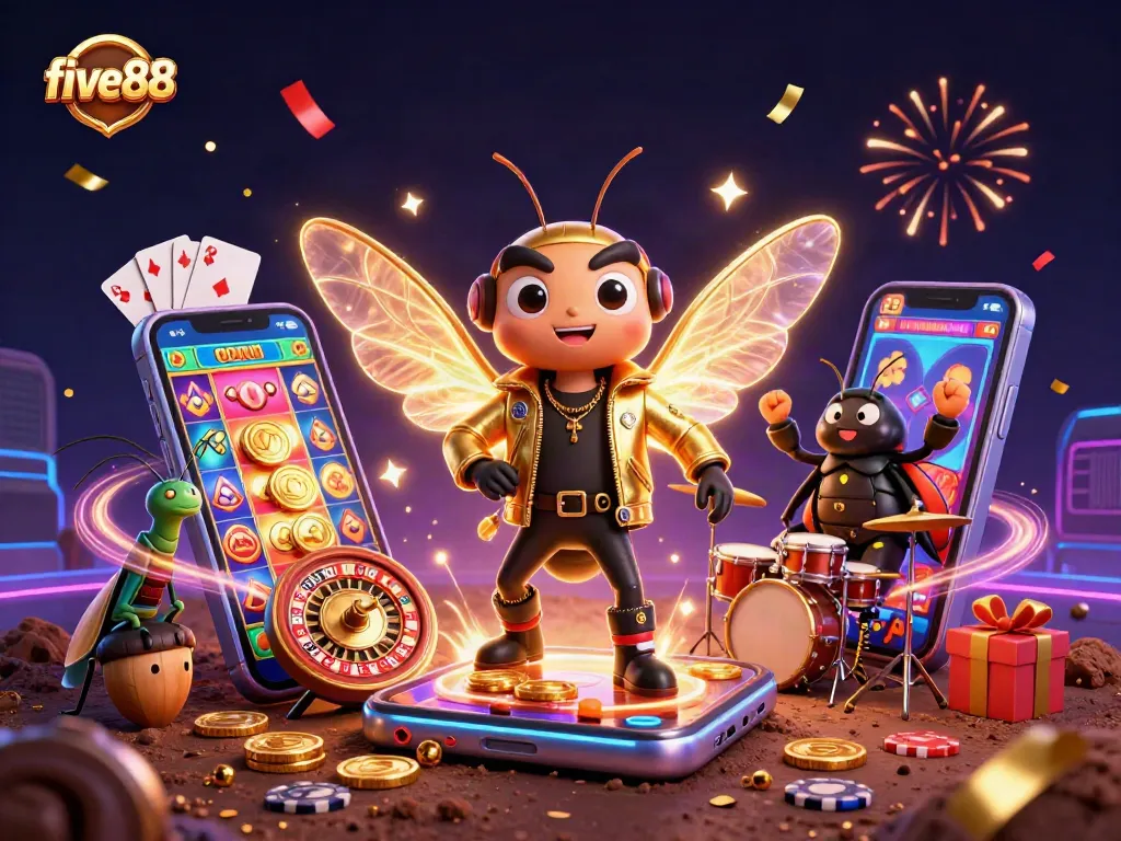 Engaging five88 casino scene featuring a cicada rock star with electric wings surrounded by vibrant slot game elements.