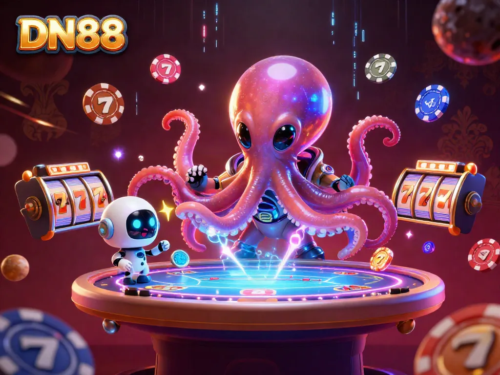 Experience thrilling games with DN88 featuring dynamic 3D slots and vibrant characters in an exciting casino scene.