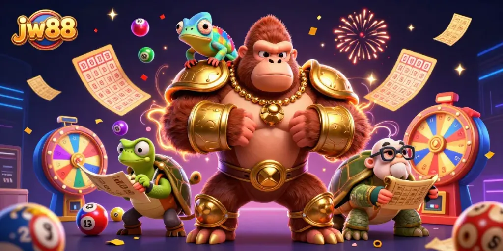 Engage with jw88's thrilling gambling scene featuring a gorilla king, chameleon, and tortoise navigating vibrant lottery elements.
