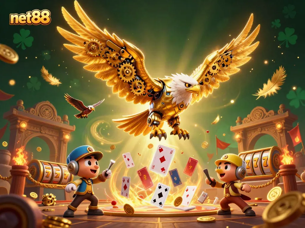 Betting strategies with net88 in a vibrant 3D casino scene featuring a golden eagle and slot machines.