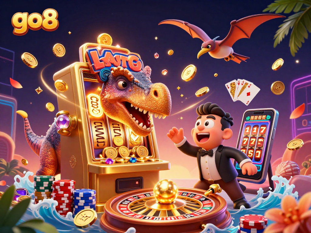 GO8 casino scene with a dinosaur jackpot hit and characters collecting flying coins.
