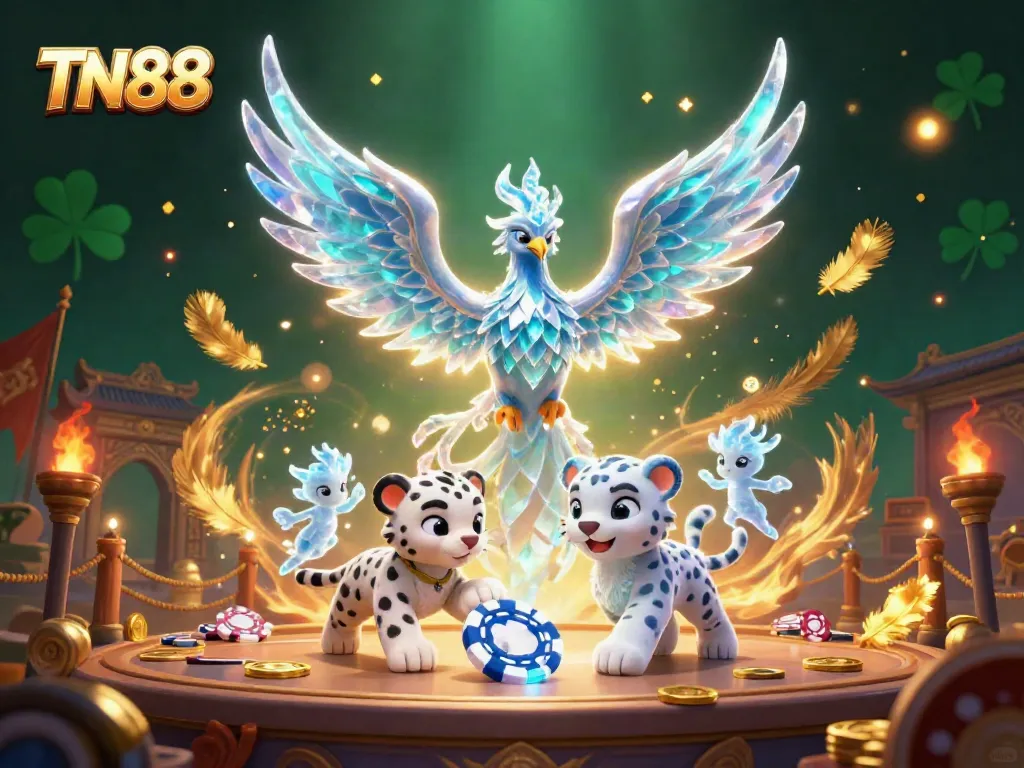 Experience thrilling moments at TN88, where a magical ice phoenix and a playful snow leopard cub light up the casino adventure.