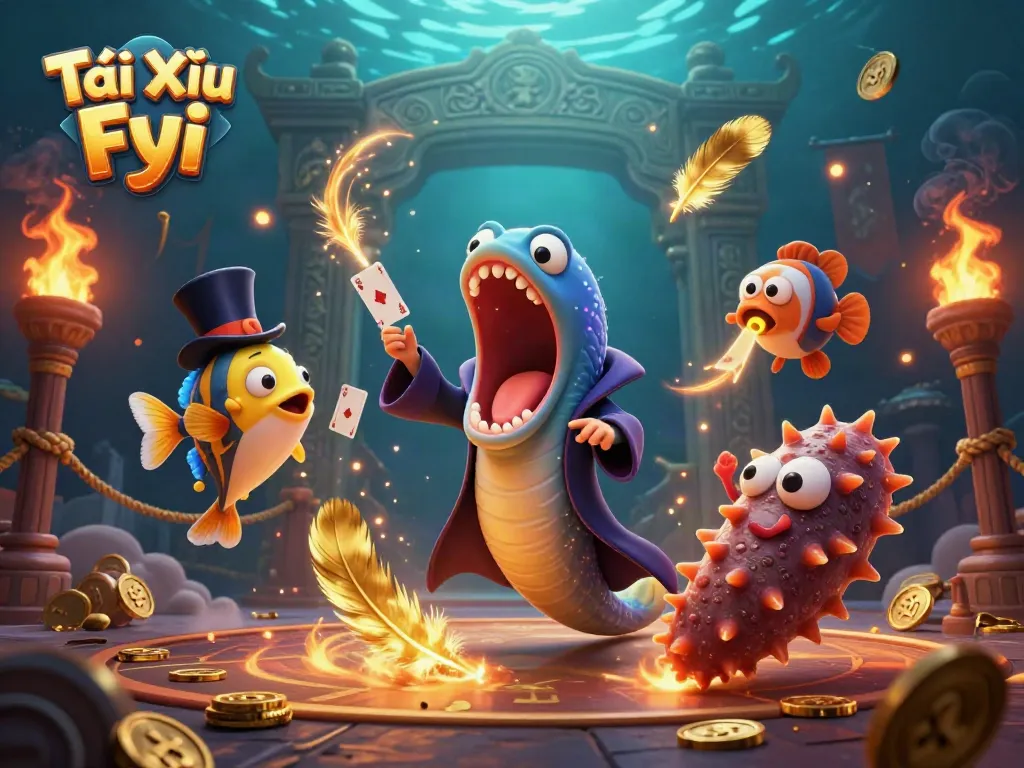 Tài Xỉu Fyi showcases a magical underwater scene featuring a bioluminescent gulper eel performing tricks amidst vibrant casino elements.
