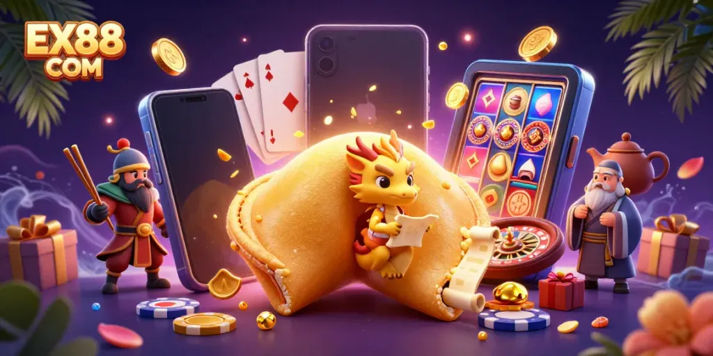 Engage with EX88 COM's vibrant gaming world featuring fortune-themed casino elements and characters.