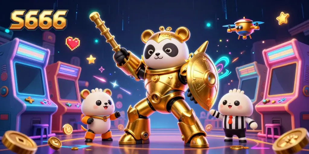 S666's vibrant arena showcases a mech-suit golden panda in an excited casino environment.