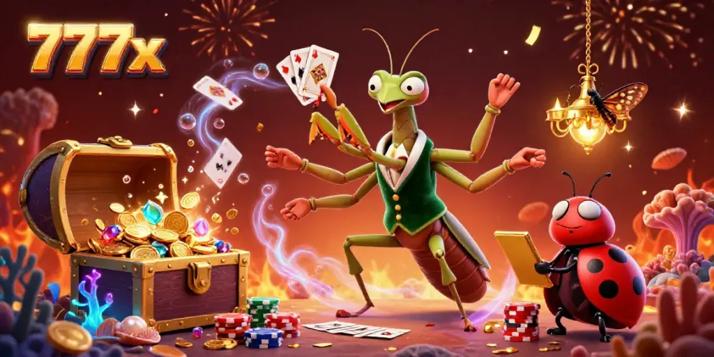 Join the excitement at 777x casino with a vibrant 3D illustration showcasing card games and festive elements.