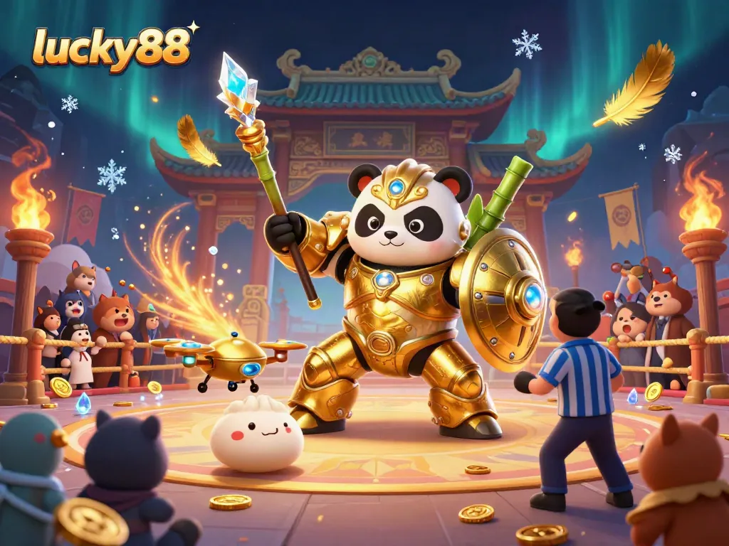 Experience thrilling gaming action with lucky88 as a golden panda in a mech-suit battles in a vibrant casino arena.
