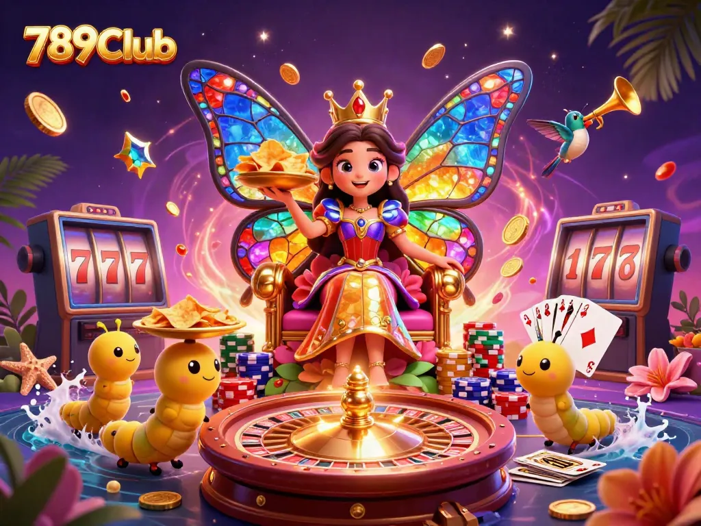 Experience the thrill of 789Club with our dazzling casino artwork featuring a butterfly queen and gaming elements.