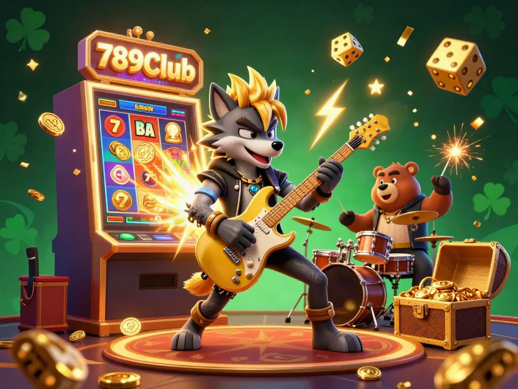 Experience the thrill with 789Club as a vibrant 3D rock star wolf performs on stage, surrounded by a jackpot explosion.
