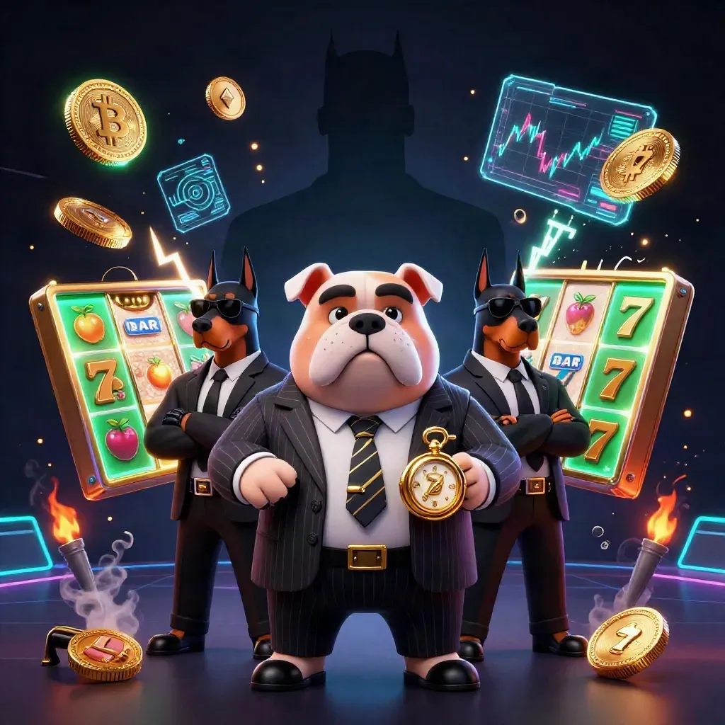 Bulldog mob boss and Doberman guards with glowing coins, slot reels, and neon casino effects