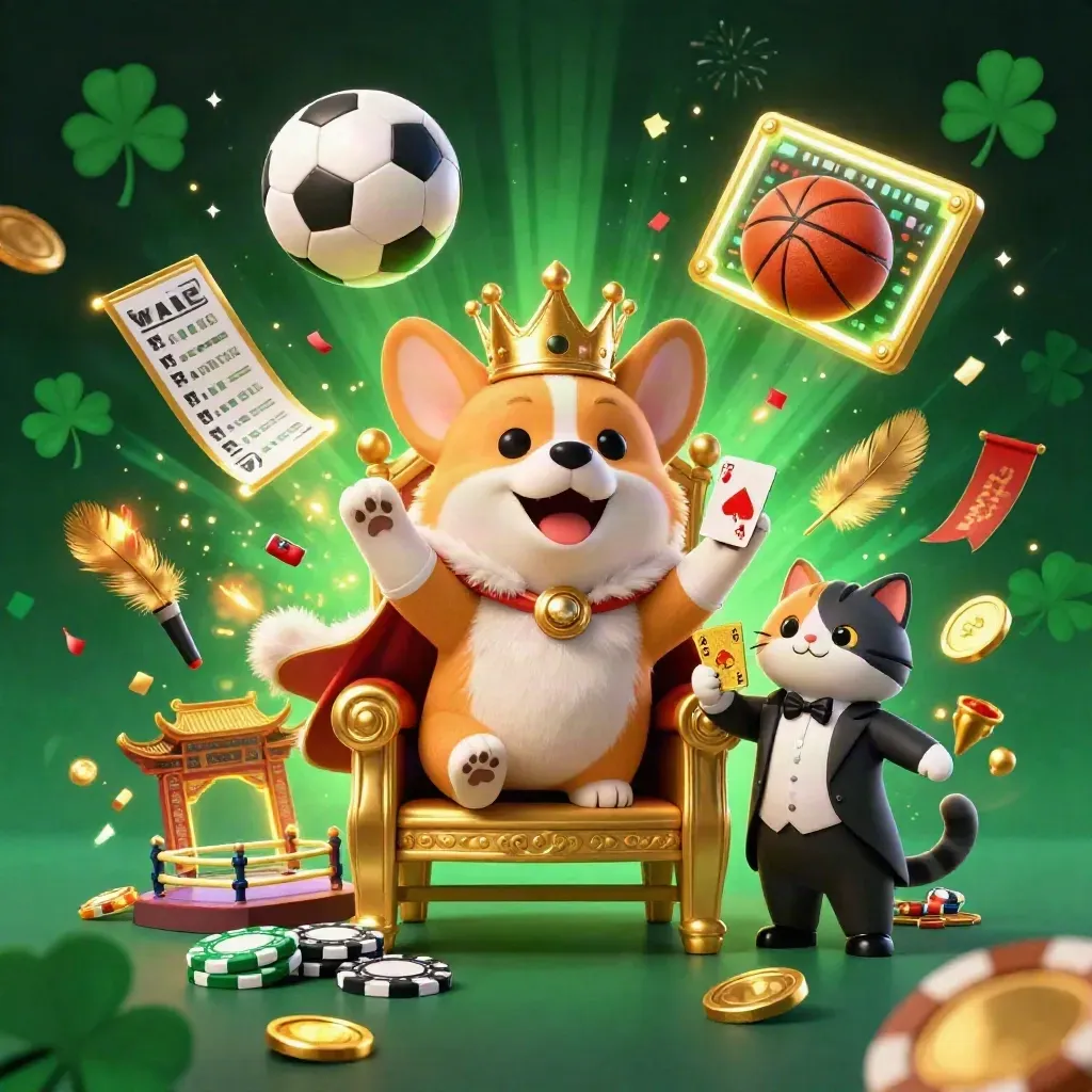 Crowned corgi and cat butler amid casino sports props, gold sparks, and emerald glow.