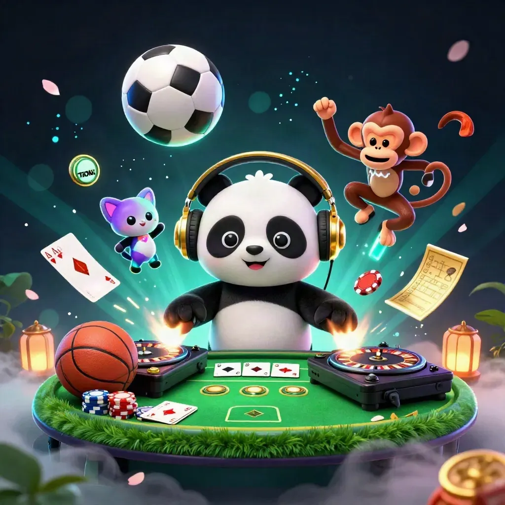 Neon casino animals DJing around a flying soccer ball in emerald and gold light