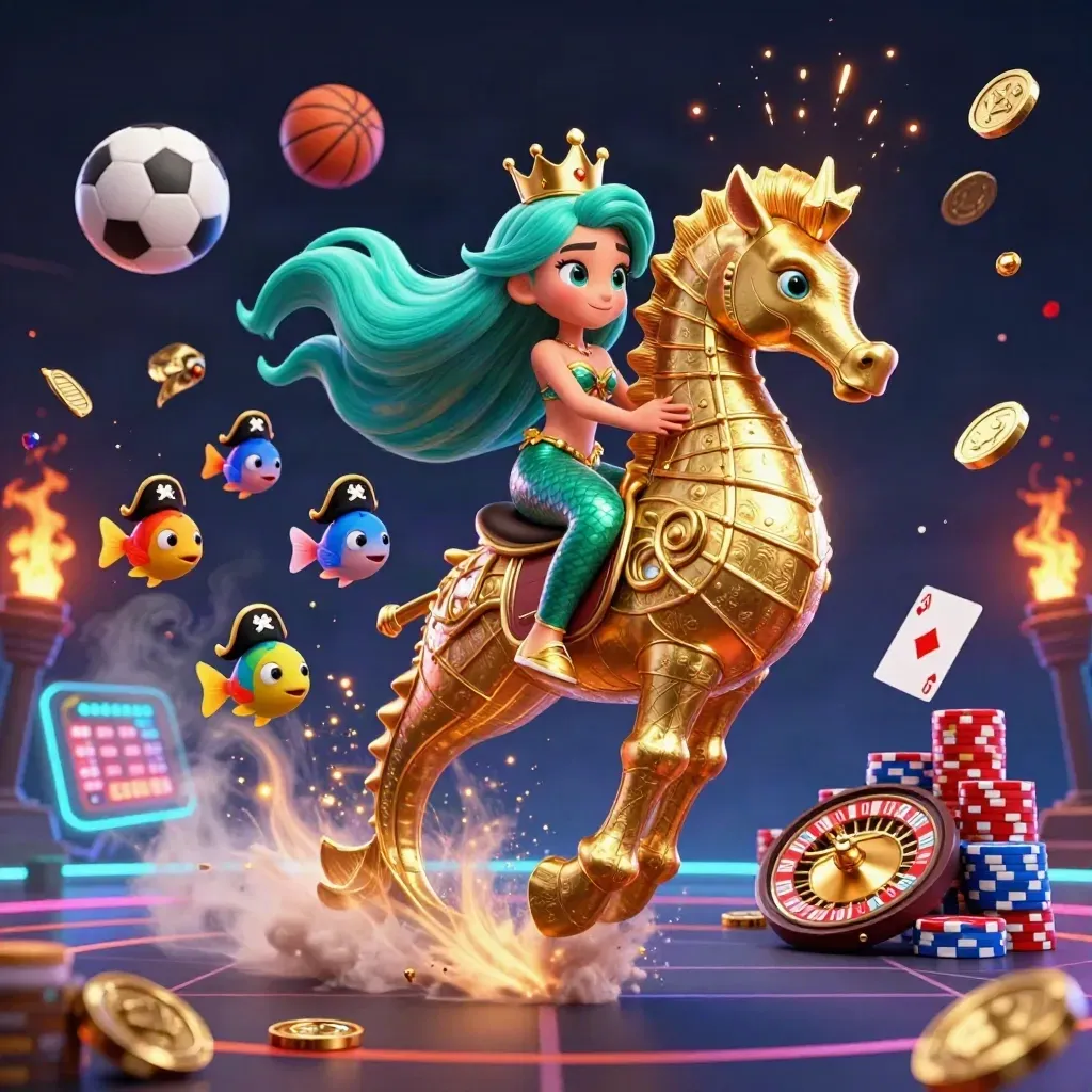 Mermaid princess on golden seahorse amid casino chips, coins, sports balls, neon haze.